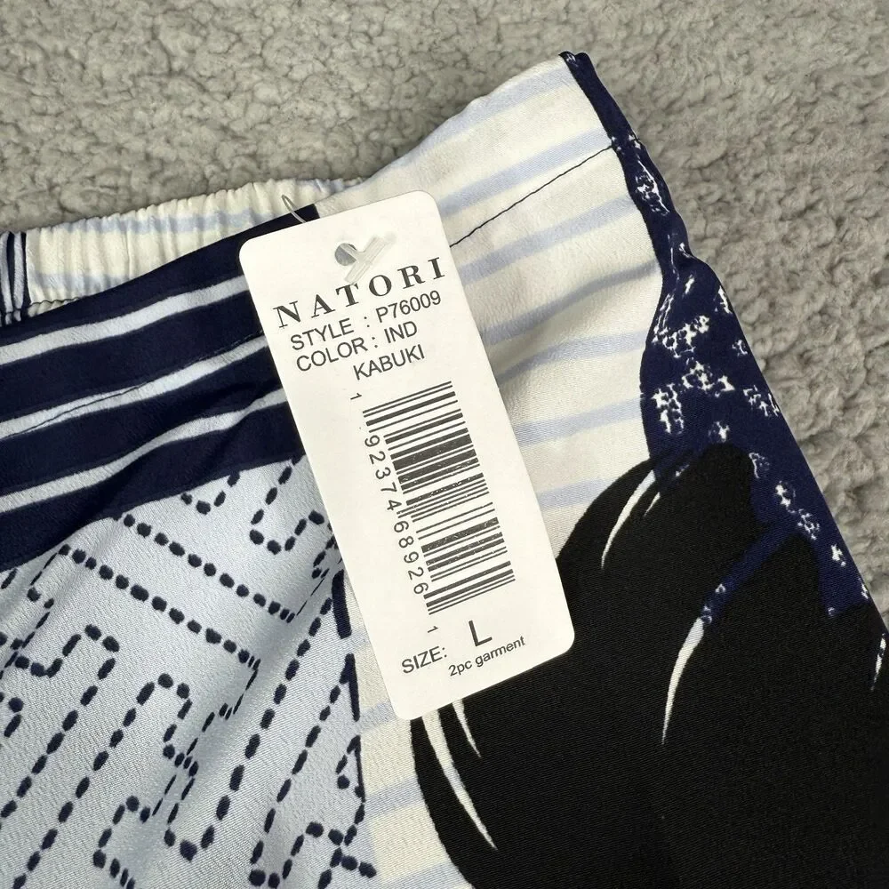 Natori Kabuki Pajama Set Womens L Indigo Floral Print 2-Piece Lounge Sleep NWT